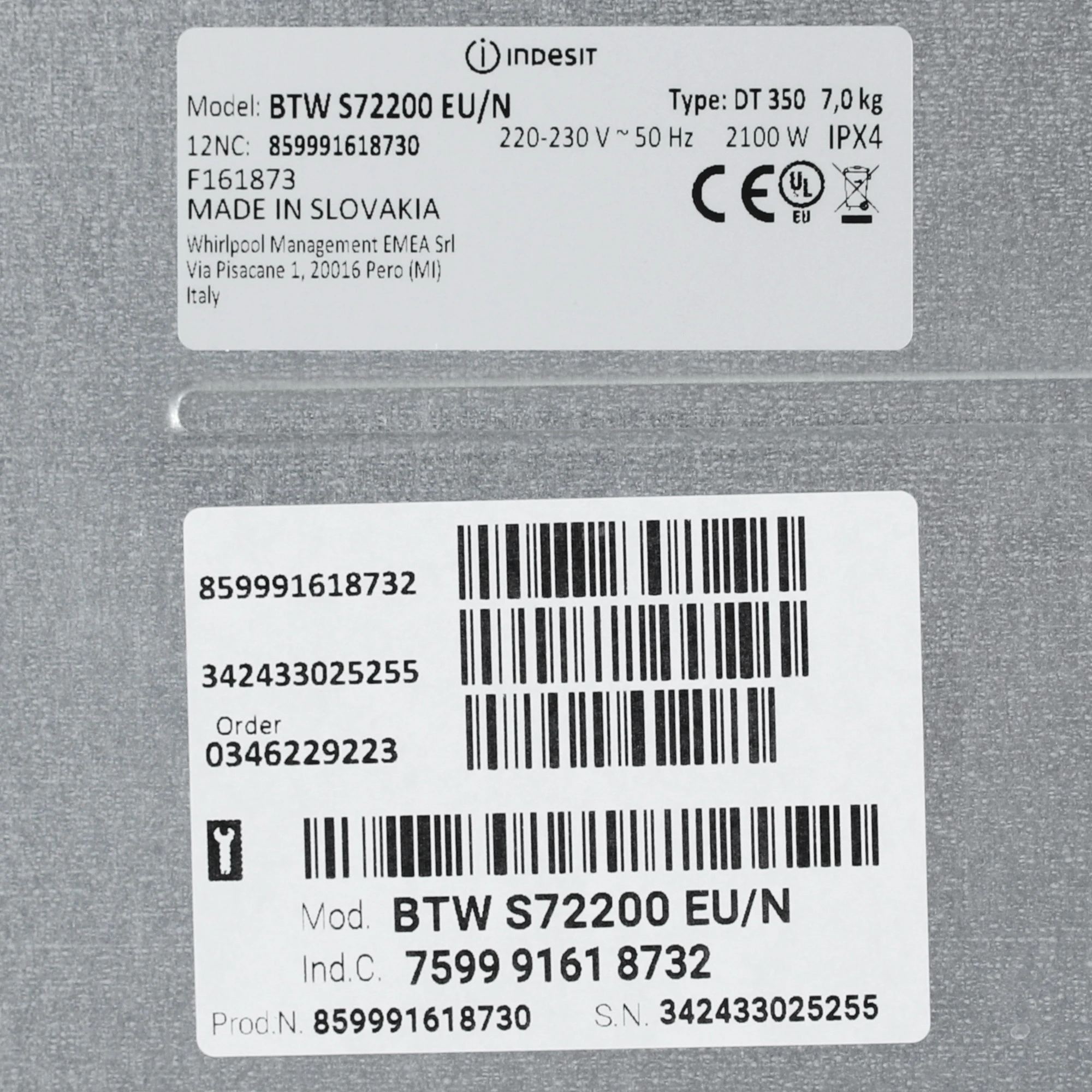 INDESIT BTW S72200 EU/N